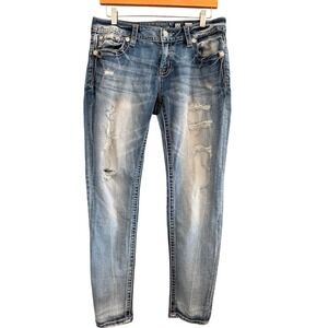 Miss Me Signature Skinny Jeans Womens 30 Blue Distressed Embellished Lace Pocket